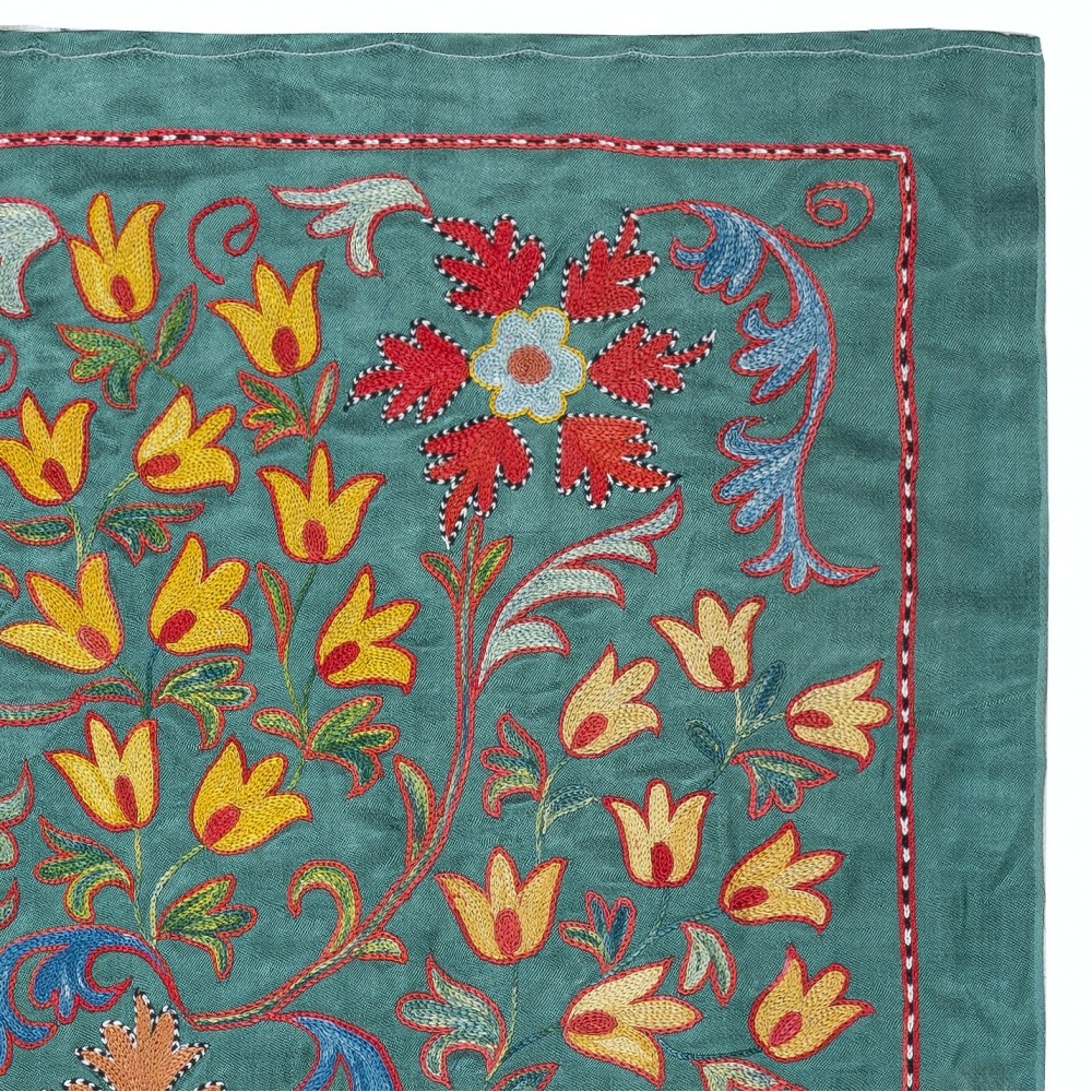 Embroidered 100% Silk Wall Hanging, New Tablecloth, Boho Wall Decor, Teal Blue Throw
