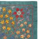 Embroidered 100% Silk Wall Hanging, New Tablecloth, Boho Wall Decor, Teal Blue Throw