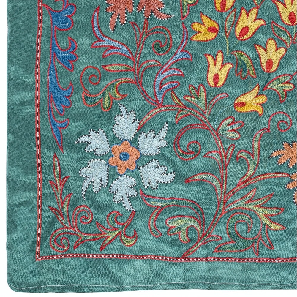 Embroidered 100% Silk Wall Hanging, New Tablecloth, Boho Wall Decor, Teal Blue Throw