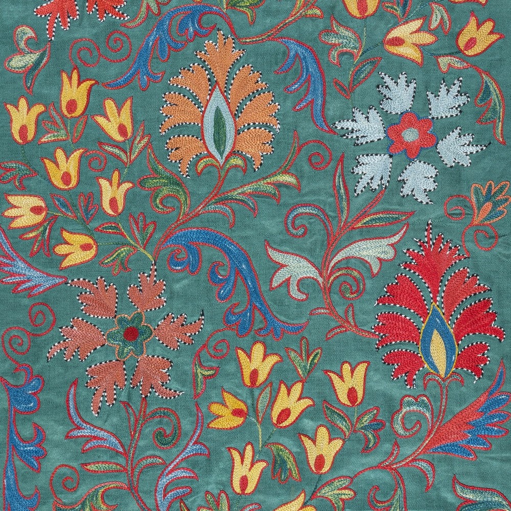 Embroidered 100% Silk Wall Hanging, New Tablecloth, Boho Wall Decor, Teal Blue Throw