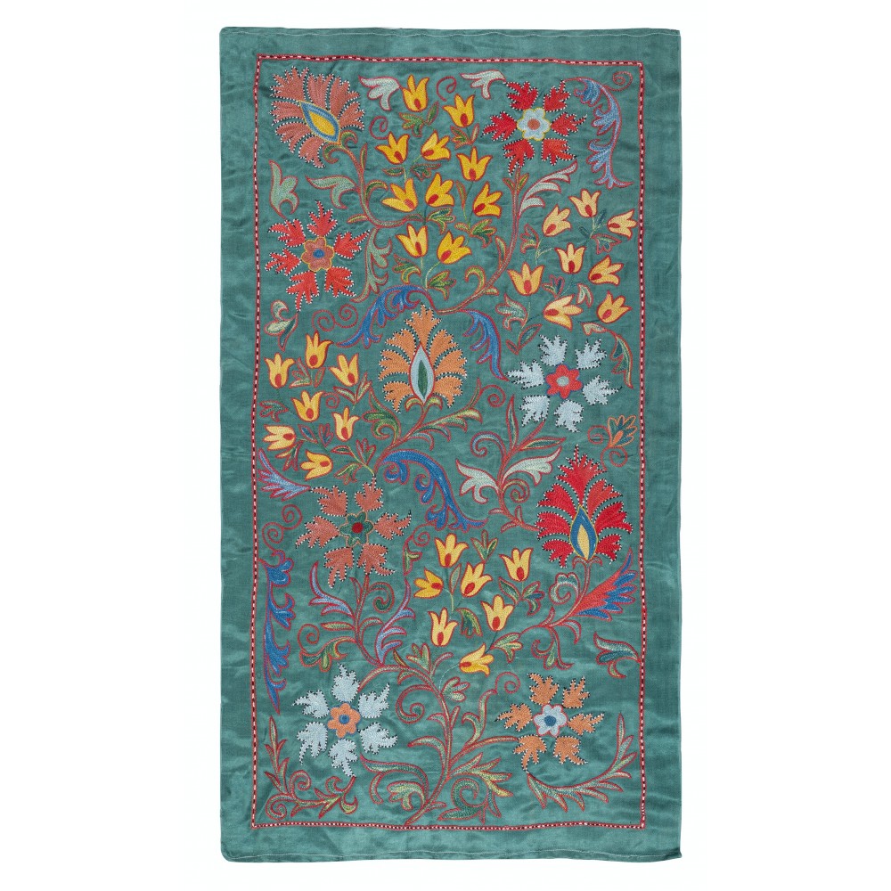 Embroidered 100% Silk Wall Hanging, New Tablecloth, Boho Wall Decor, Teal Blue Throw