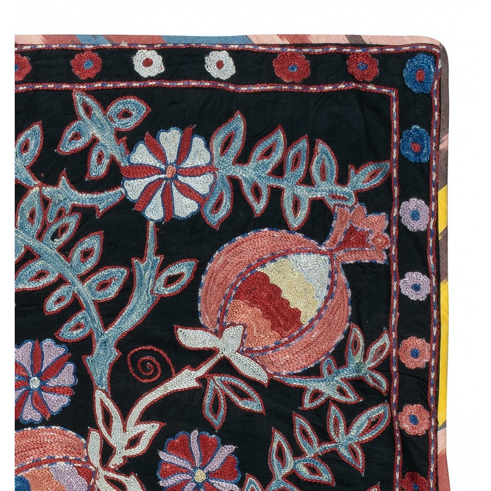 Modern 100% Silk Wall Hanging. Embroidered Tablecloth. Boho Wall Decor. Black Throw