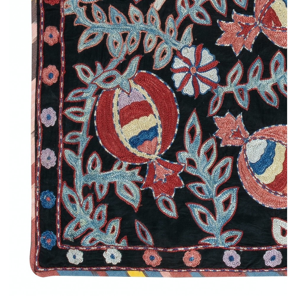 Modern 100% Silk Wall Hanging. Embroidered Tablecloth. Boho Wall Decor. Black Throw