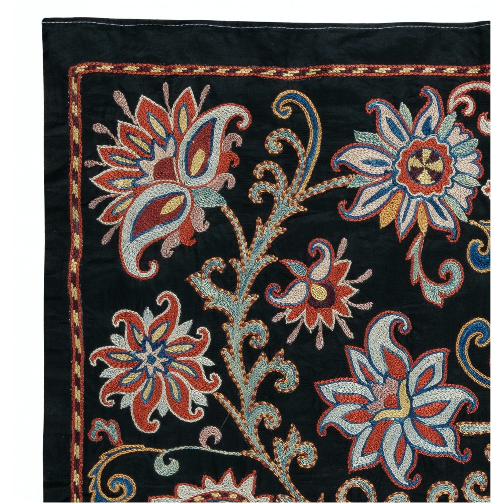 Embroidered 100% Silk Wall Hanging, New Tablecloth, Boho Wall Decor, Black Throw