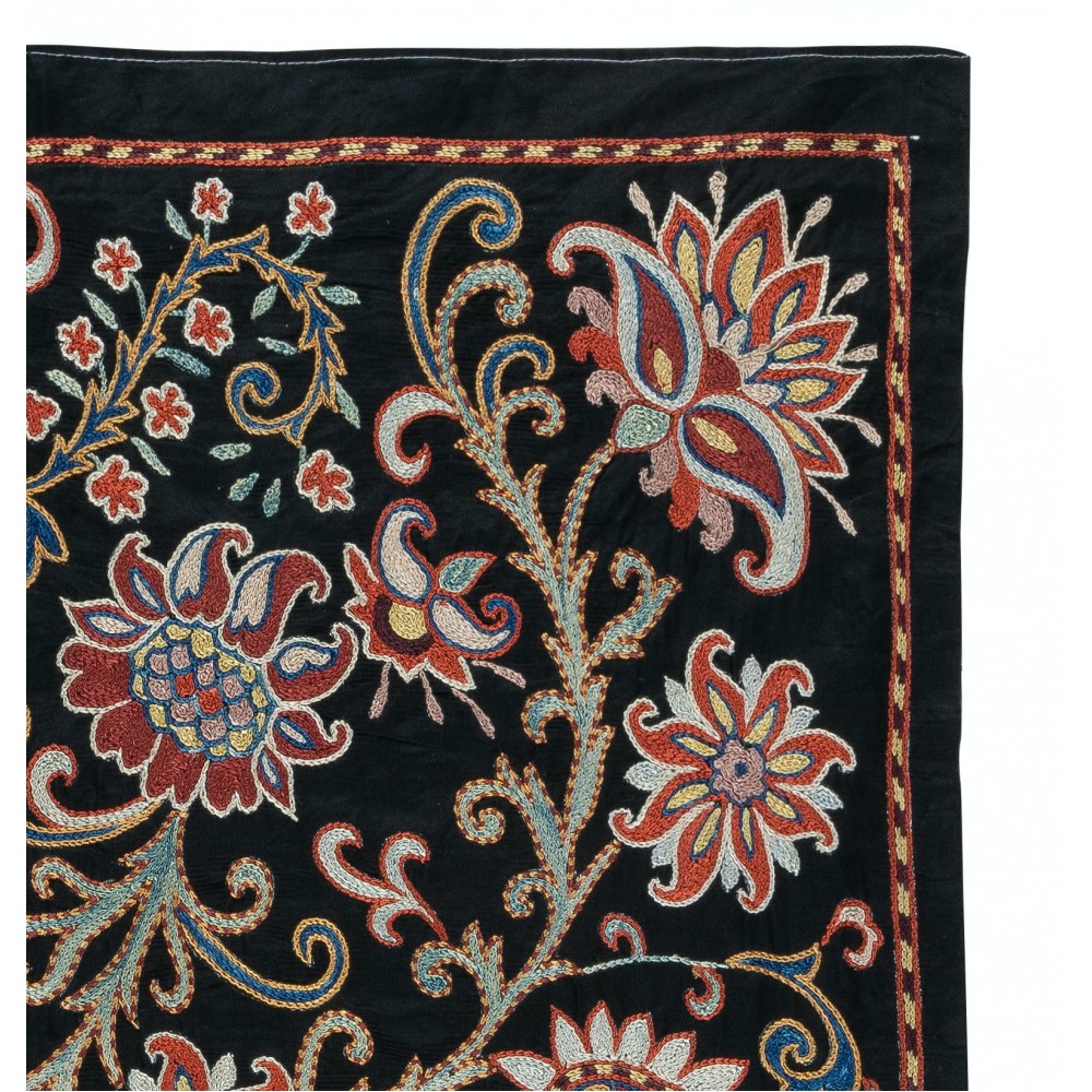 Embroidered 100% Silk Wall Hanging, New Tablecloth, Boho Wall Decor, Black Throw