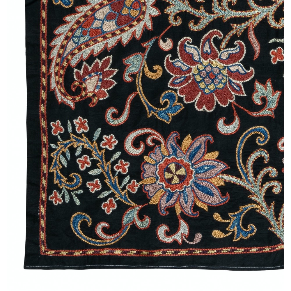 Embroidered 100% Silk Wall Hanging, New Tablecloth, Boho Wall Decor, Black Throw