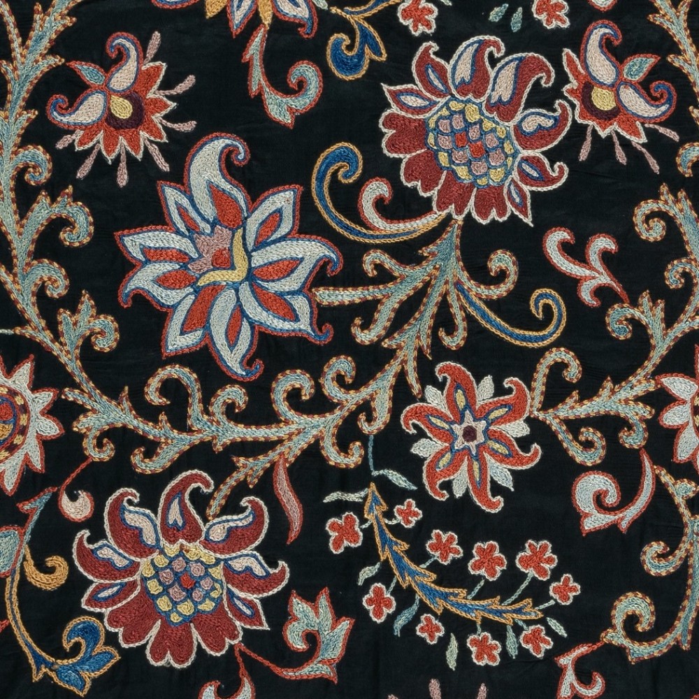 Embroidered 100% Silk Wall Hanging, New Tablecloth, Boho Wall Decor, Black Throw
