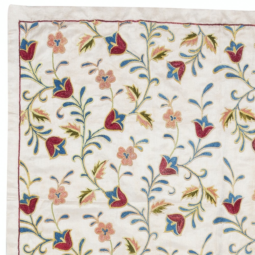100% Silk Wall Hanging. Modern Wall Decor. Embroidered Tablecloth. Floral Pattern Throw