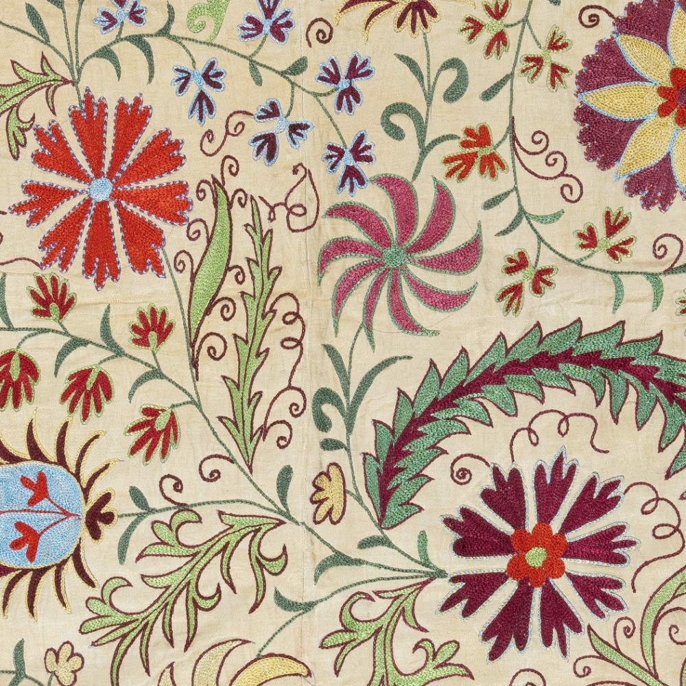 Silk Embroidery Wall Hanging. Modern Bed Cover. Handmade Suzani Tablecloth