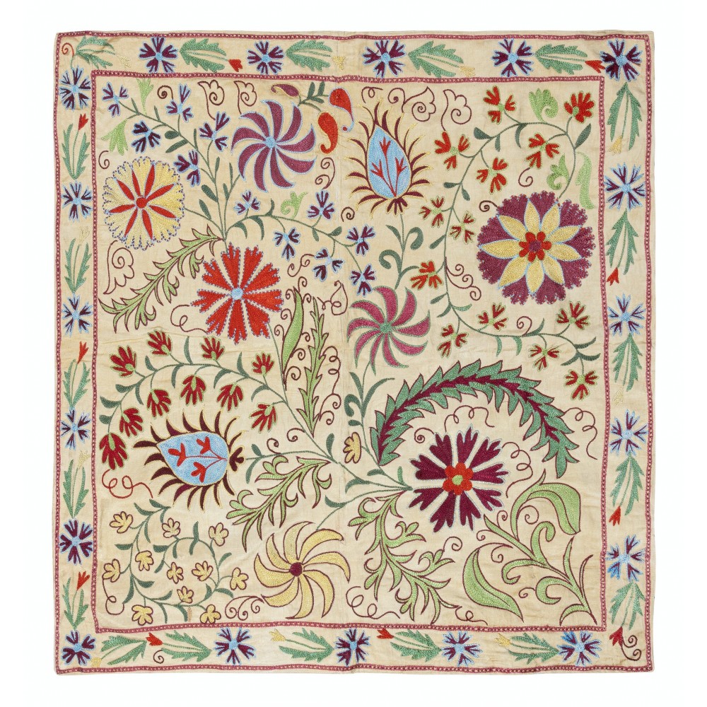 Silk Embroidery Wall Hanging. Modern Bed Cover. Handmade Suzani Tablecloth