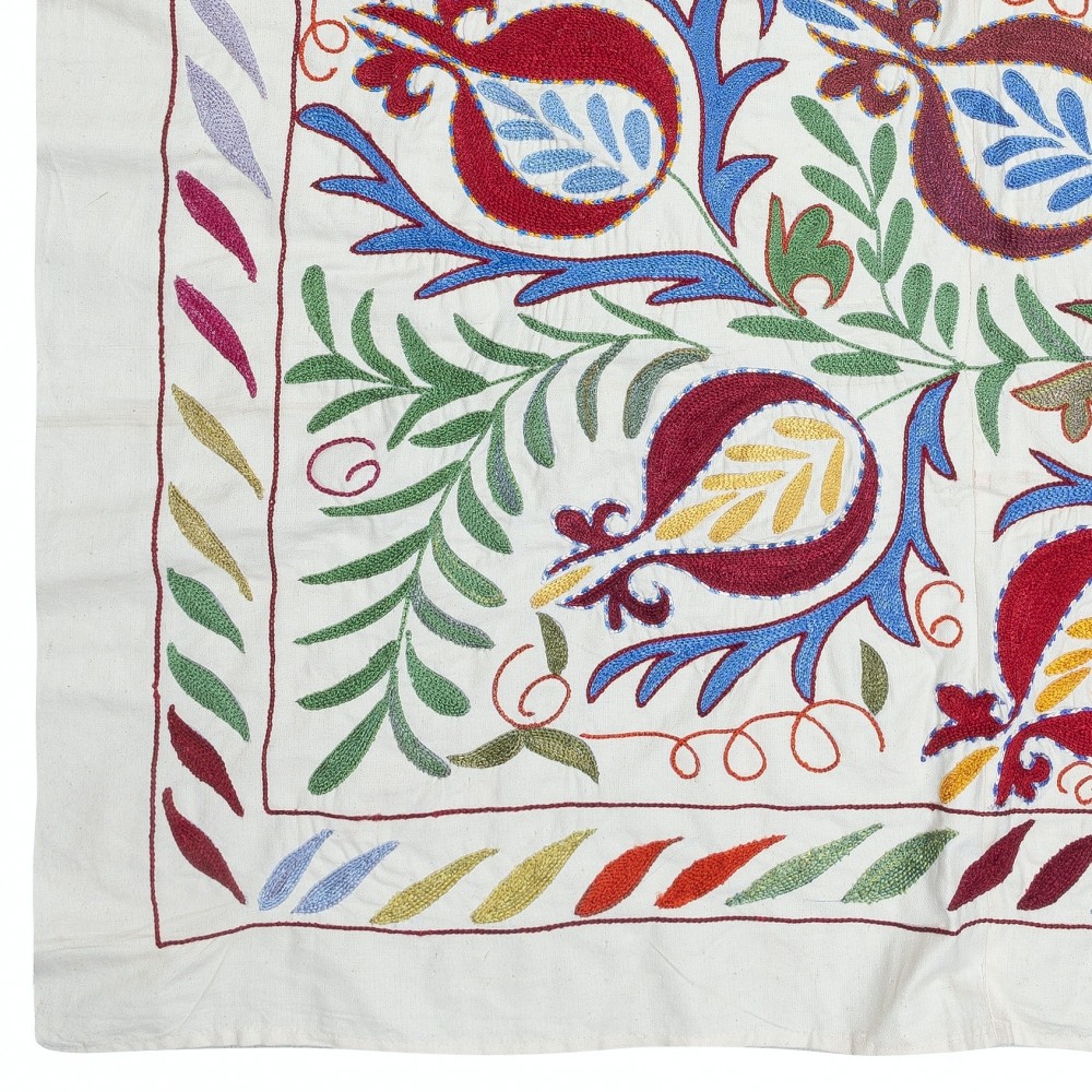 Modern Embroidered Wall Hanging, Floral Design Silk and Cotton Bed Cover