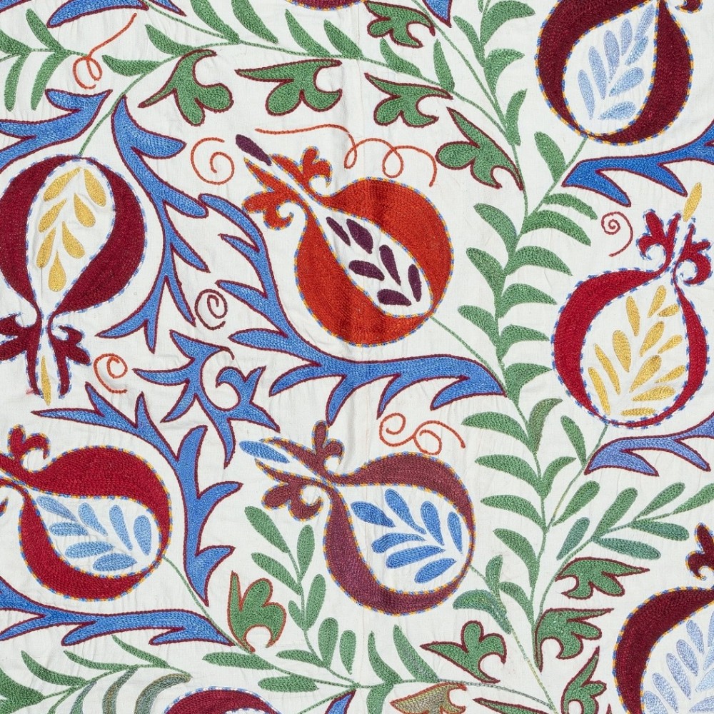 Modern Embroidered Wall Hanging, Floral Design Silk and Cotton Bed Cover
