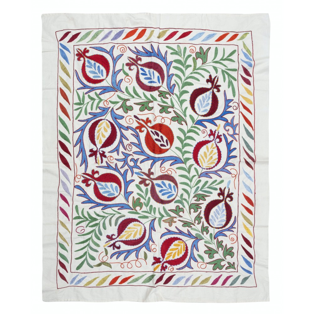 Modern Embroidered Wall Hanging, Floral Design Silk and Cotton Bed Cover