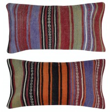 SET OF 2 - Handwoven Turkish Cushion Covers. A pair of Kilim Accent Pillows. Wool Lumbar Pillows