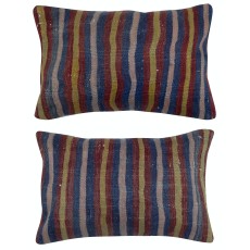 SET OF 2 - Vintage Wool Cushion Covers. Flatweave Kilim Accent Pillows. Colorful Striped Throw Pillows
