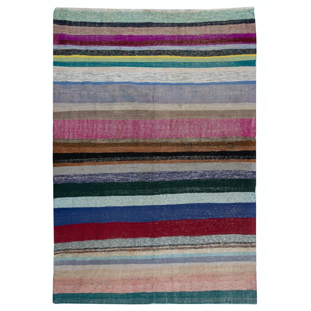 Multicolored Striped Kilim. Vintage Turkish Handwoven Cotton Rag Rug. Adjustable Size Multicolored Striped Kilim. Vintage Turkish Handwoven Cotton Rag Rug. Adjustable Size