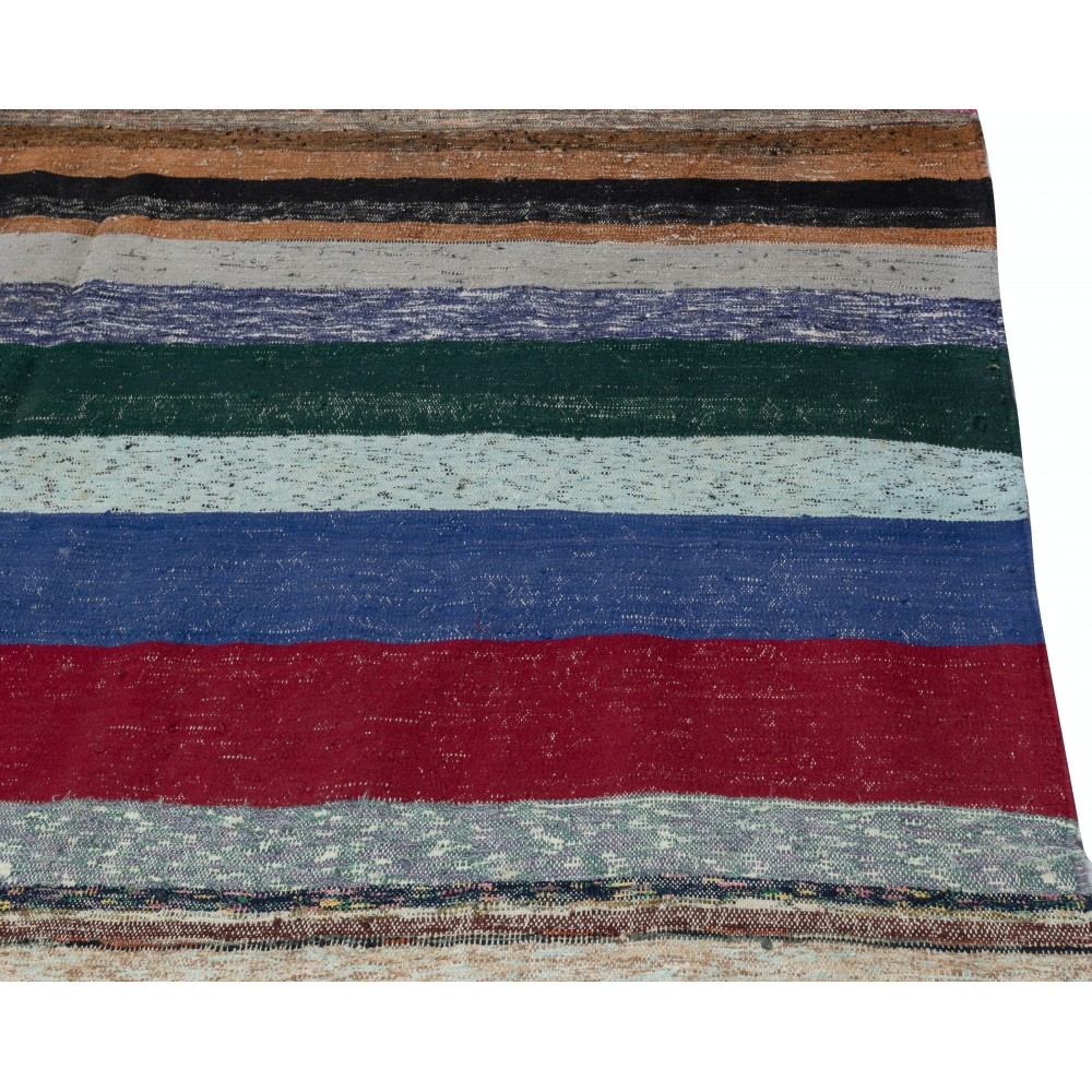 Multicolored Striped Kilim. Vintage Turkish Handwoven Cotton Rag Rug. Adjustable Size Multicolored Striped Kilim. Vintage Turkish Handwoven Cotton Rag Rug. Adjustable Size