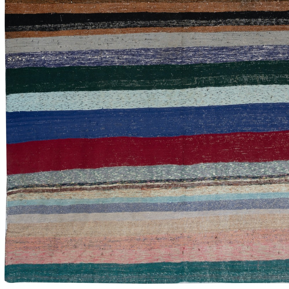 Multicolored Striped Kilim. Vintage Turkish Handwoven Cotton Rag Rug. Adjustable Size Multicolored Striped Kilim. Vintage Turkish Handwoven Cotton Rag Rug. Adjustable Size