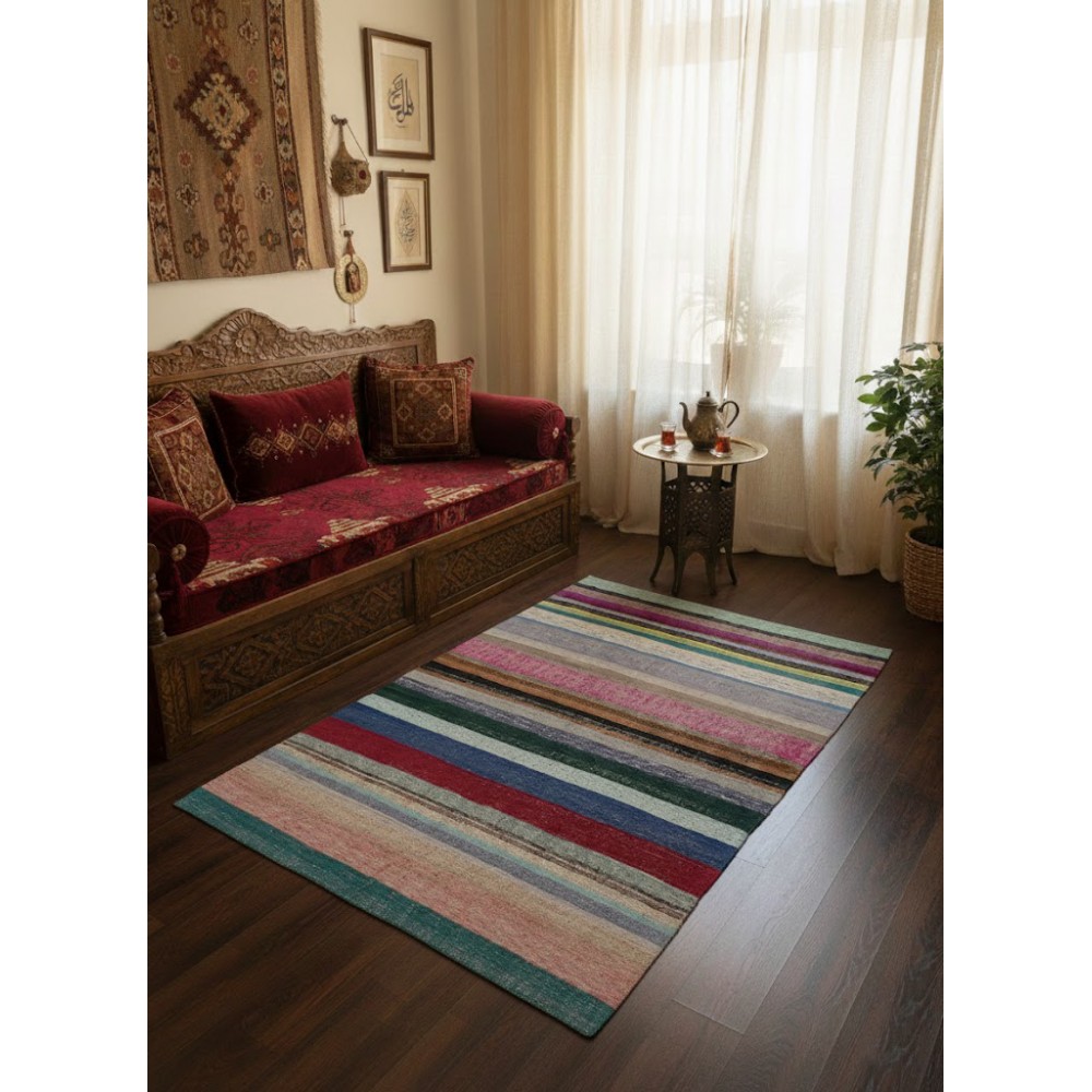 Multicolored Striped Kilim. Vintage Turkish Handwoven Cotton Rag Rug. Adjustable Size Multicolored Striped Kilim. Vintage Turkish Handwoven Cotton Rag Rug. Adjustable Size