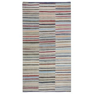 Vintage Banded Cotton Kilim. Adjustable Flat-Weave Rag Rug. Colorful Carpet