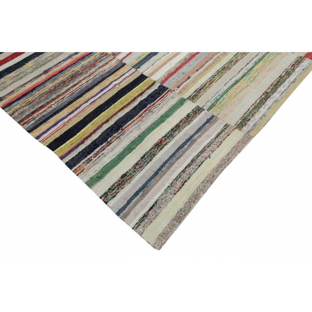 Adjustable Turkish Rag Rug. Vintage Handwoven Cotton Kilim. Colorful Stripes Adjustable Turkish Rag Rug. Vintage Handwoven Cotton Kilim. Colorful Stripes
