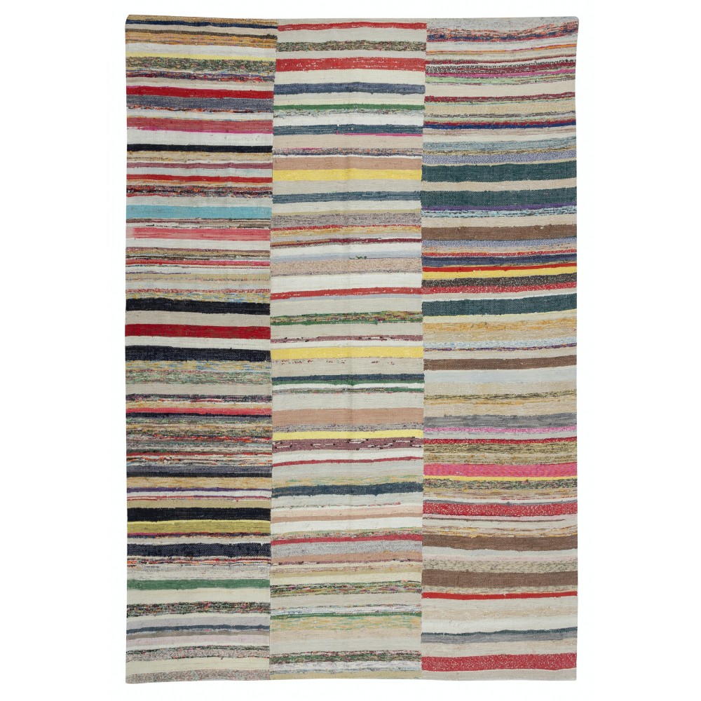 Adjustable Turkish Rag Rug. Vintage Handwoven Cotton Kilim. Colorful Stripes Adjustable Turkish Rag Rug. Vintage Handwoven Cotton Kilim. Colorful Stripes