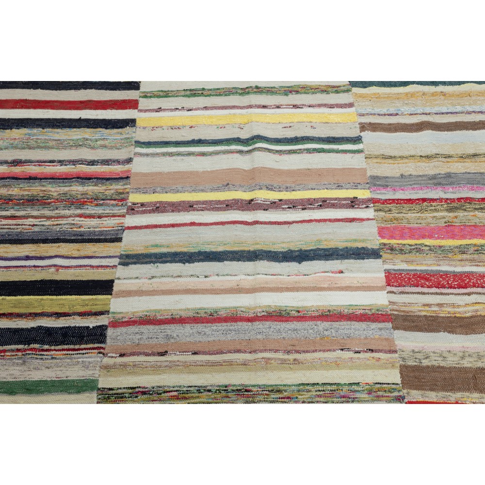 Adjustable Turkish Rag Rug. Vintage Handwoven Cotton Kilim. Colorful Stripes Adjustable Turkish Rag Rug. Vintage Handwoven Cotton Kilim. Colorful Stripes