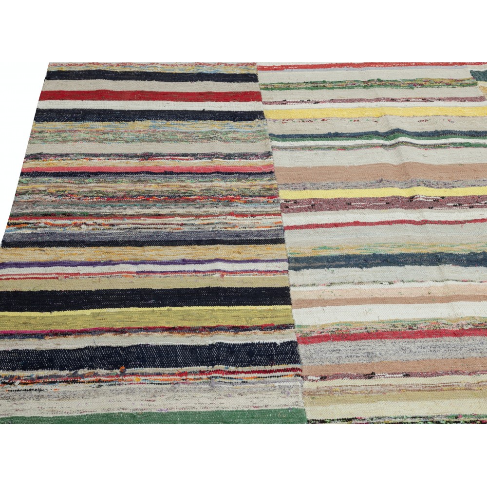 Adjustable Turkish Rag Rug. Vintage Handwoven Cotton Kilim. Colorful Stripes Adjustable Turkish Rag Rug. Vintage Handwoven Cotton Kilim. Colorful Stripes