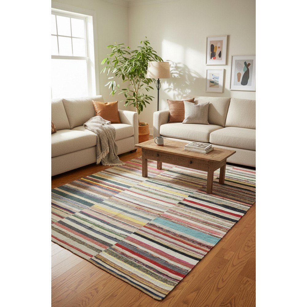 Adjustable Turkish Rag Rug. Vintage Handwoven Cotton Kilim. Colorful Stripes Adjustable Turkish Rag Rug. Vintage Handwoven Cotton Kilim. Colorful Stripes