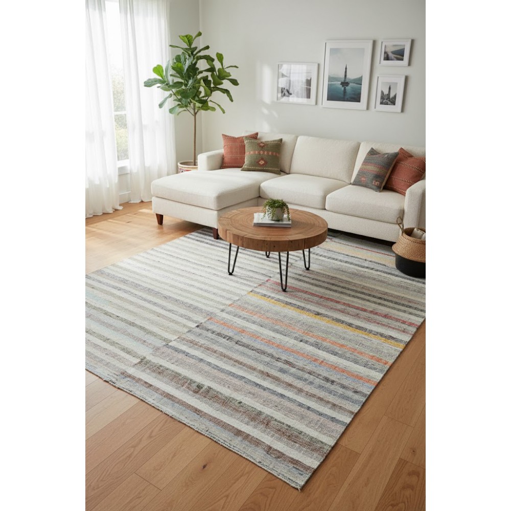 Colorful Striped Kilim. Handwoven Cotton Turkish Rag Rug. Vintage Carpet. Adjustable Size