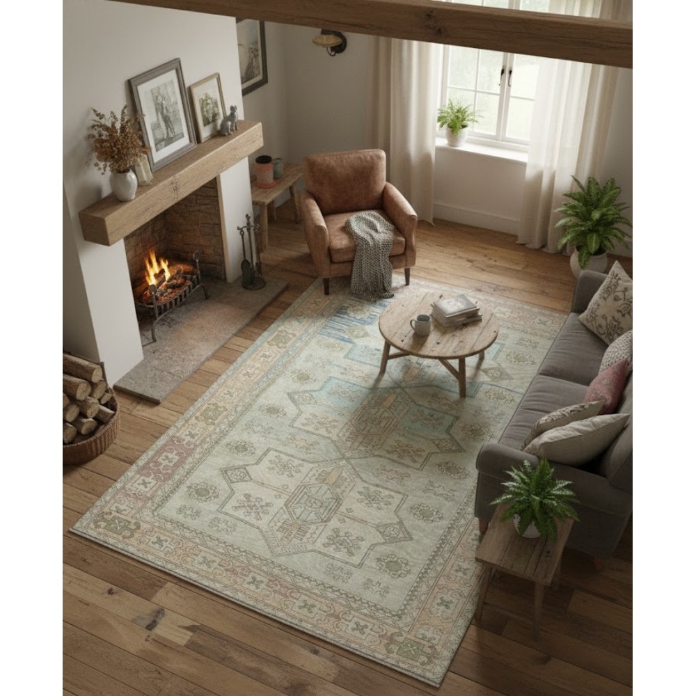 One of a kind Vintage Beige Large Area Rug. Handmade Turkish Carpet