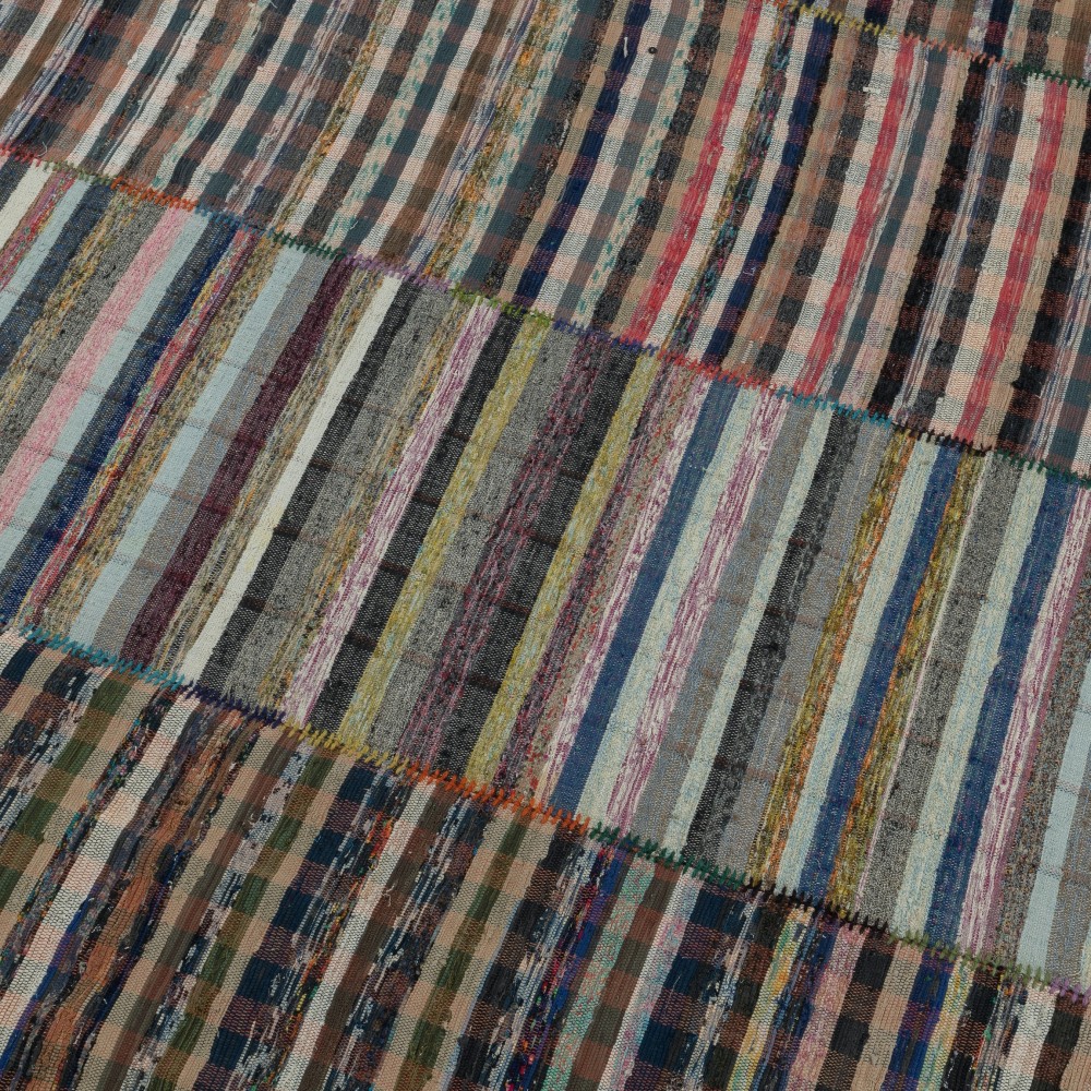 Handmade Turkish Kilim. Vintage Cotton Rag Rug. Multicolored Stripe Pattern Carpet