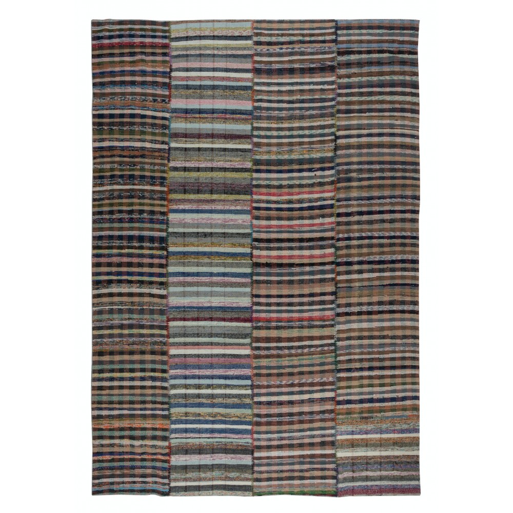 Handmade Turkish Kilim. Vintage Cotton Rag Rug. Multicolored Stripe Pattern Carpet
