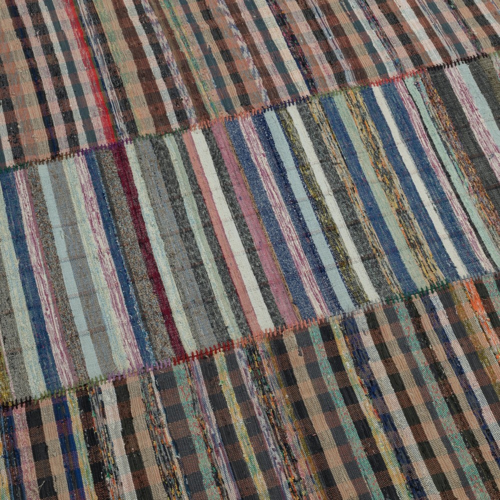 Handmade Turkish Kilim. Vintage Cotton Rag Rug. Multicolored Stripe Pattern Carpet