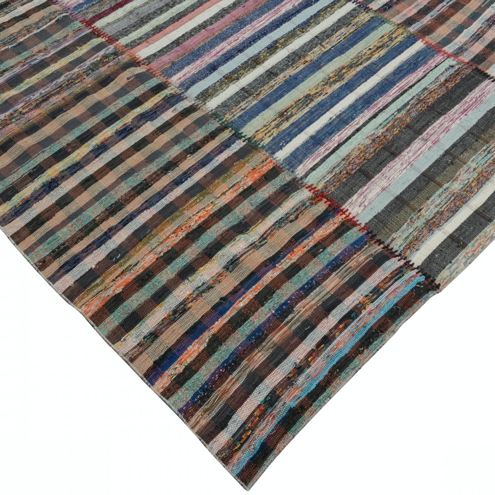 Handmade Turkish Kilim. Vintage Cotton Rag Rug. Multicolored Stripe Pattern Carpet