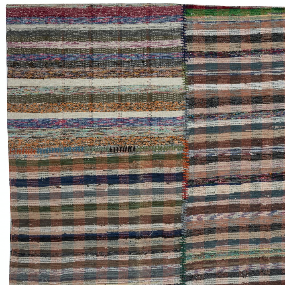 Handmade Turkish Kilim. Vintage Cotton Rag Rug. Multicolored Stripe Pattern Carpet