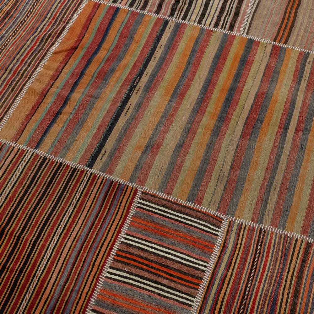 Vintage Turkish Patchwork Kilim Rug, Handmade Striped Wool Carpet Vintage Turkish Patchwork Kilim Rug, Handmade Striped Wool Carpet