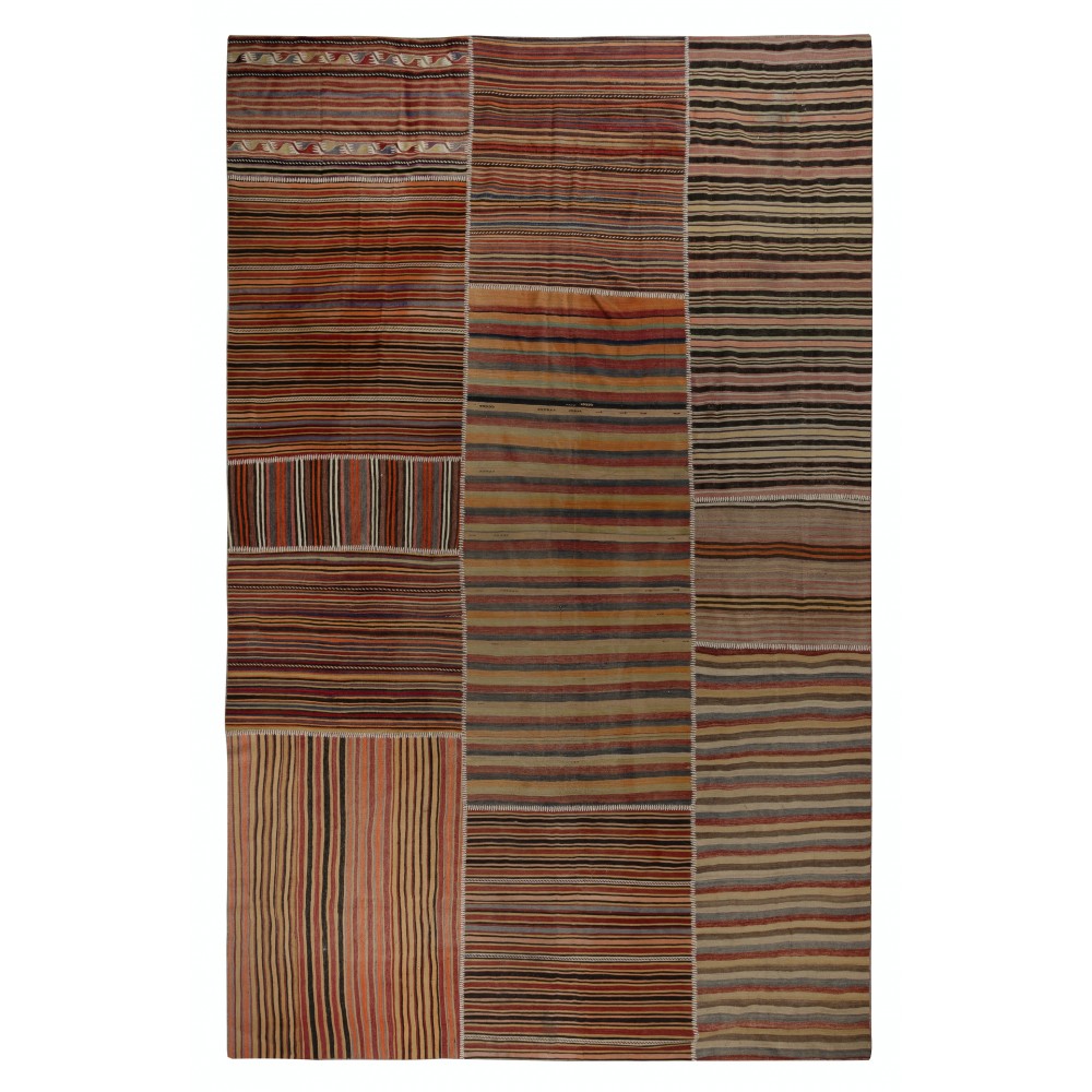Vintage Turkish Patchwork Kilim Rug, Handmade Striped Wool Carpet Vintage Turkish Patchwork Kilim Rug, Handmade Striped Wool Carpet