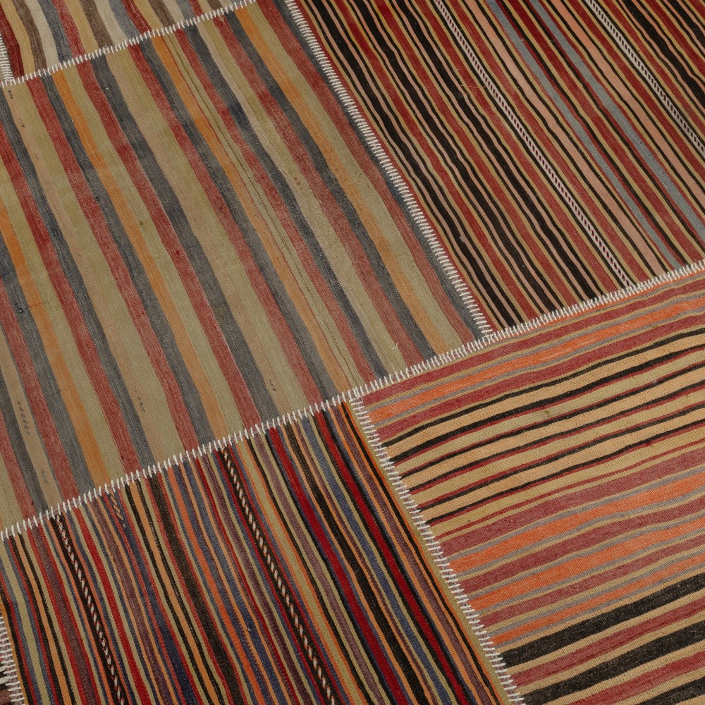 Vintage Turkish Patchwork Kilim Rug, Handmade Striped Wool Carpet Vintage Turkish Patchwork Kilim Rug, Handmade Striped Wool Carpet