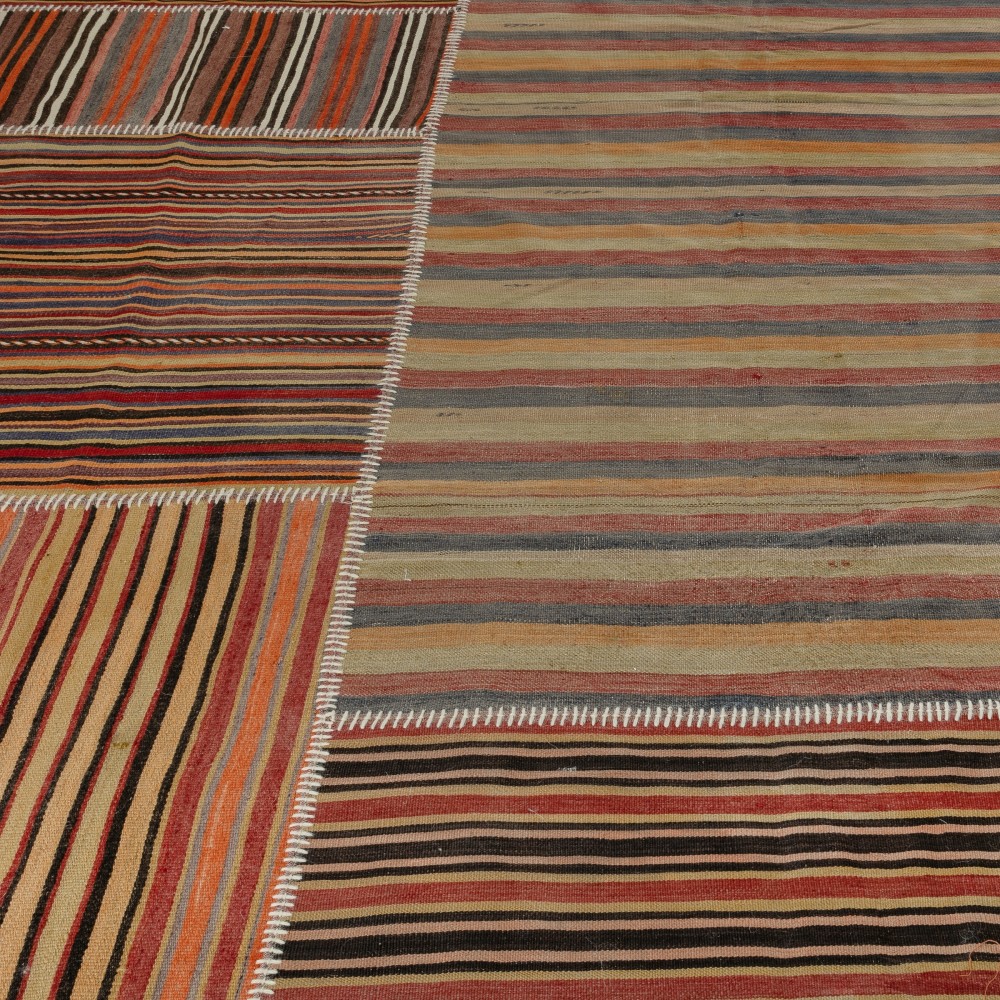 Vintage Turkish Patchwork Kilim Rug, Handmade Striped Wool Carpet Vintage Turkish Patchwork Kilim Rug, Handmade Striped Wool Carpet