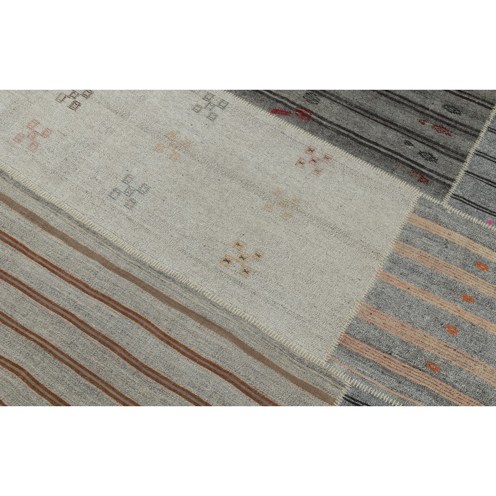 Adjustable Size Vintage Turkish Kilim Rug. Gray Handwoven Cotton & Goat Hair Carpet