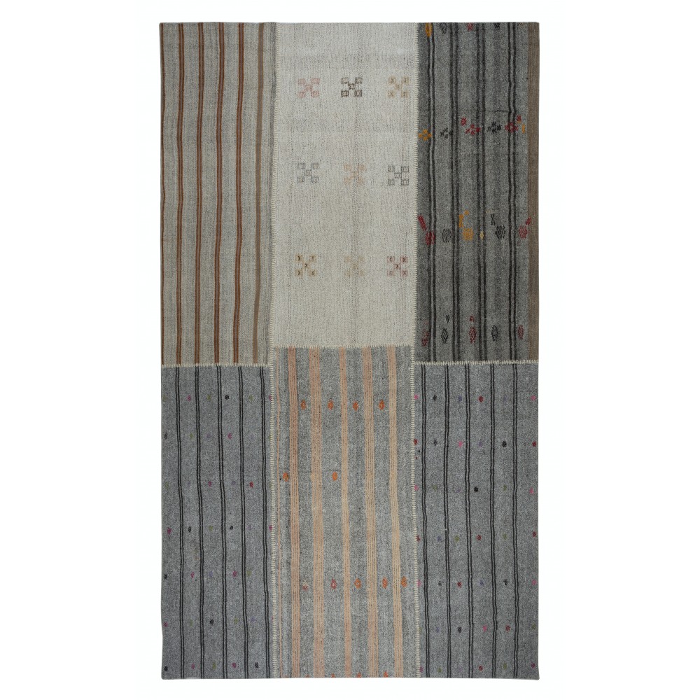 Adjustable Size Vintage Turkish Kilim Rug. Gray Handwoven Cotton & Goat Hair Carpet