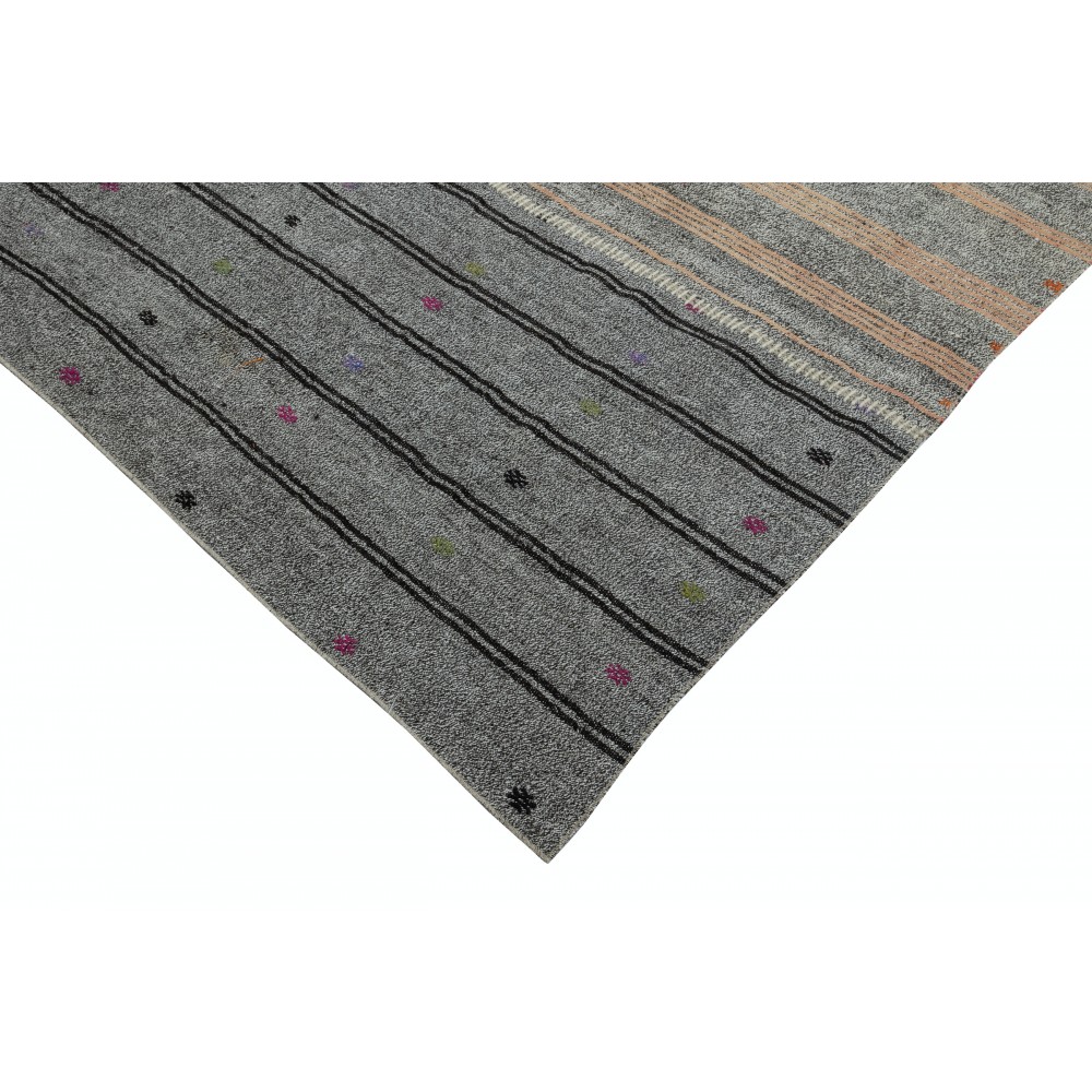 Adjustable Size Vintage Turkish Kilim Rug. Gray Handwoven Cotton & Goat Hair Carpet