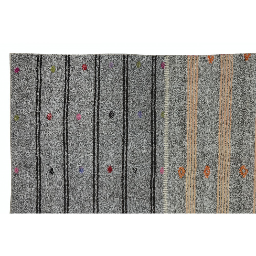 Adjustable Size Vintage Turkish Kilim Rug. Gray Handwoven Cotton & Goat Hair Carpet