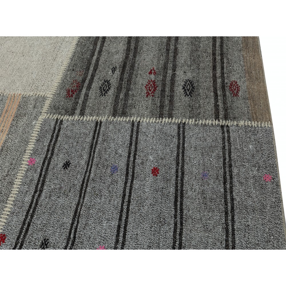 Adjustable Size Vintage Turkish Kilim Rug. Gray Handwoven Cotton & Goat Hair Carpet