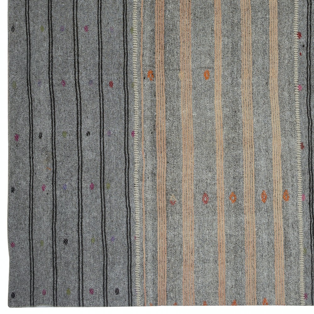Adjustable Size Vintage Turkish Kilim Rug. Gray Handwoven Cotton & Goat Hair Carpet