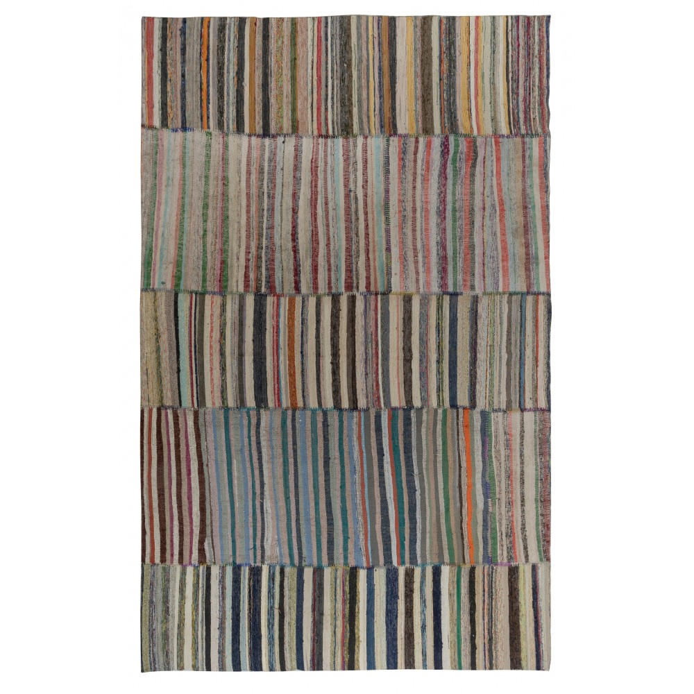 Multicolored Striped Kilim. Vintage Turkish Handwoven Cotton Rag Rug. Adjustable Size Multicolored Striped Kilim. Vintage Turkish Handwoven Cotton Rag Rug. Adjustable Size