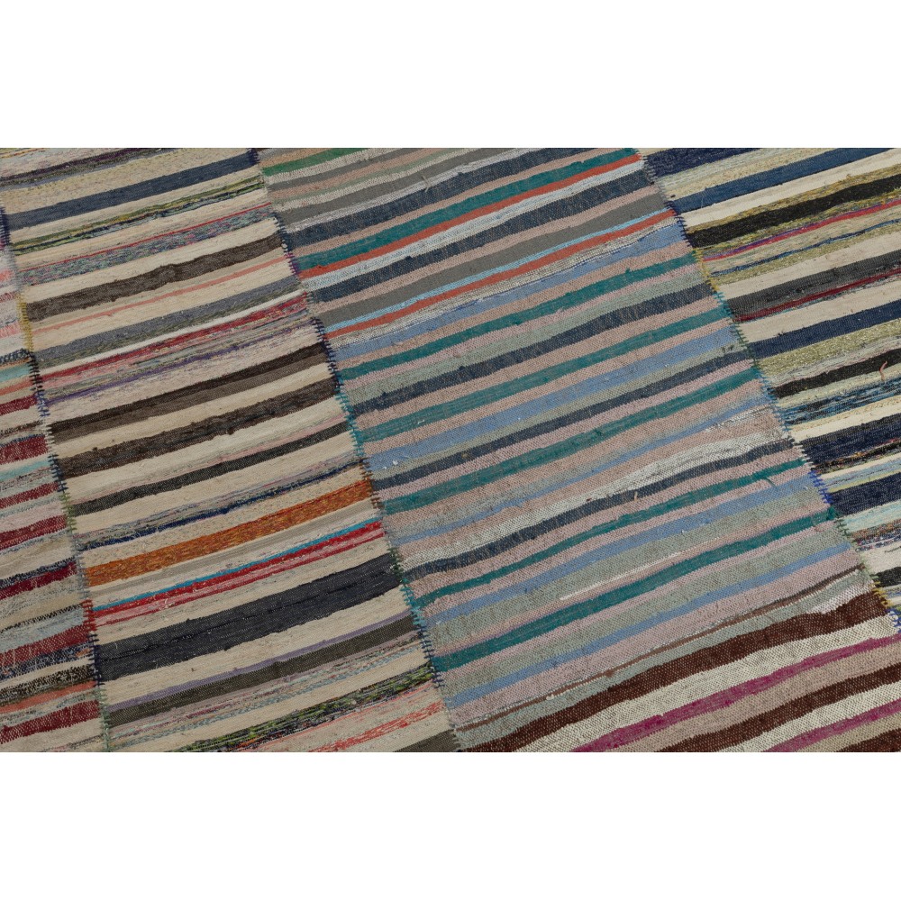 Multicolored Striped Kilim. Vintage Turkish Handwoven Cotton Rag Rug. Adjustable Size Multicolored Striped Kilim. Vintage Turkish Handwoven Cotton Rag Rug. Adjustable Size
