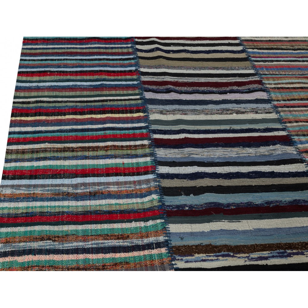 Turkish Handwoven Kilim. Vintage Cotton Rag Rug. Colorful Striped Boho Carpet