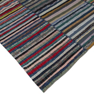 Turkish Handwoven Kilim. Vintage Cotton Rag Rug. Colorful Striped Boho Carpet